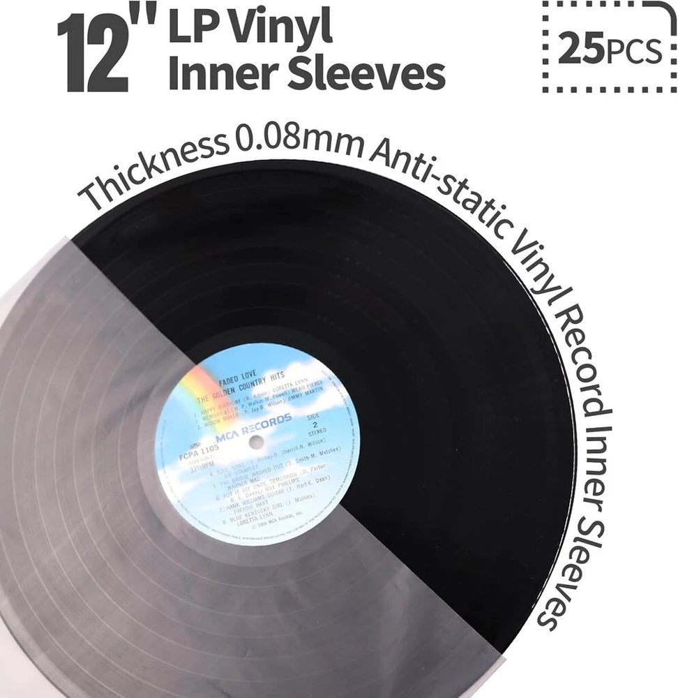 25 x 12" lp clear anti static vinilo vidinės įmautės, plastikinės apvalaus dugno įmautės