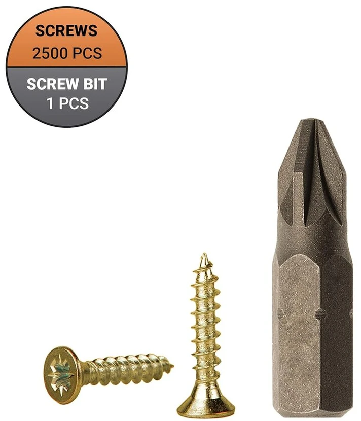(2500 vnt. pakuotė) Geltono cinkuoto plieno 2,5 x 10 mm medvaržčiai, skirti medienos drožlių plokštėms, universalūs Pozi Drive varžtai Pz su pilnu sriegiu, įleidžiama galvutė Pozidriv (2500, 2,5 x 10 mm)