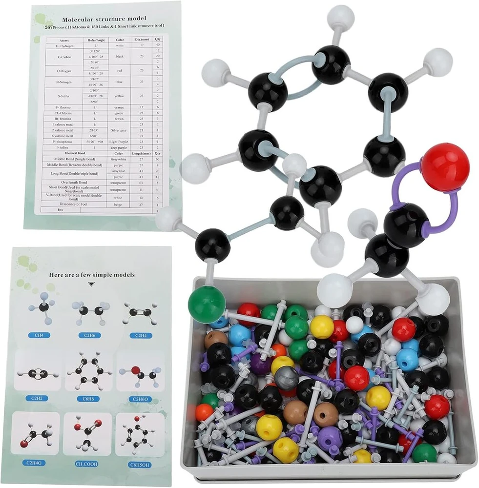 267 dalių molekulinių modelių rinkinys organinėms ir neorganinėms struktūroms su aplinkai nekenksmingu plastiku chemijos pamokoms ir laboratorijai