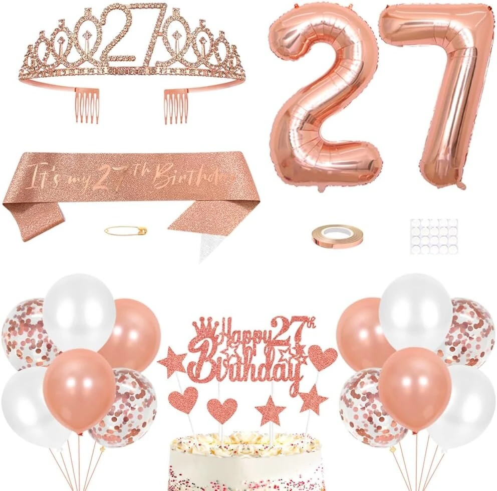 27-ojo gimtadienio dekoracija mergaitėms, gimtadienio karalienės tiara, princesės karūnos, 27-ojo gimtadienio juosta, 27 metų gimtadienio torto dekoracija, skaičių žvakės, balionų rinkinys, mergaičių gimtadienio vakarėlio dekoras, rožinis auksas