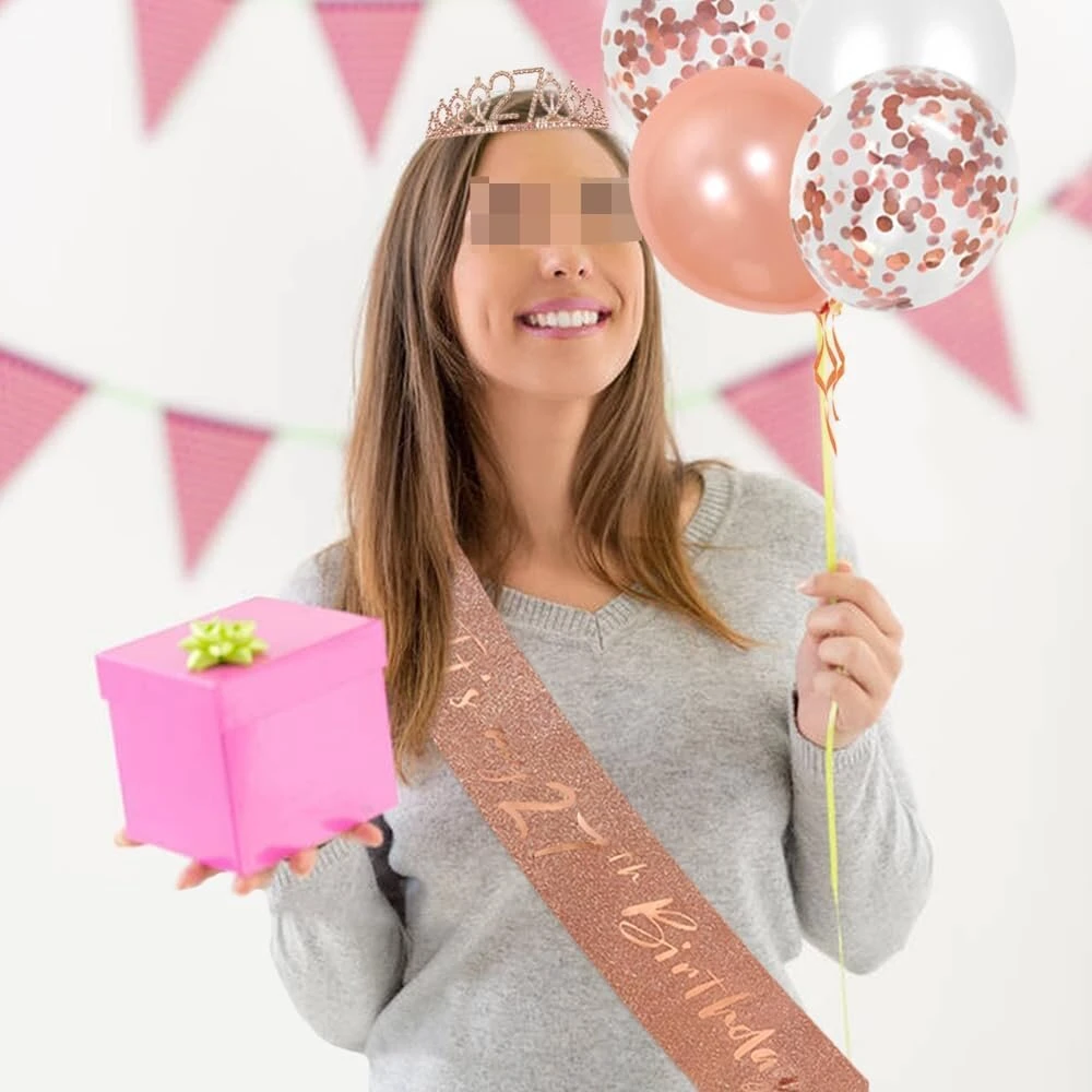 27-ojo gimtadienio dekoracija mergaitėms, gimtadienio karalienės tiara, princesės karūnos, 27-ojo gimtadienio juosta, 27 metų gimtadienio torto dekoracija, skaičių žvakės, balionų rinkinys, mergaičių gimtadienio vakarėlio dekoras, rožinis auksas
