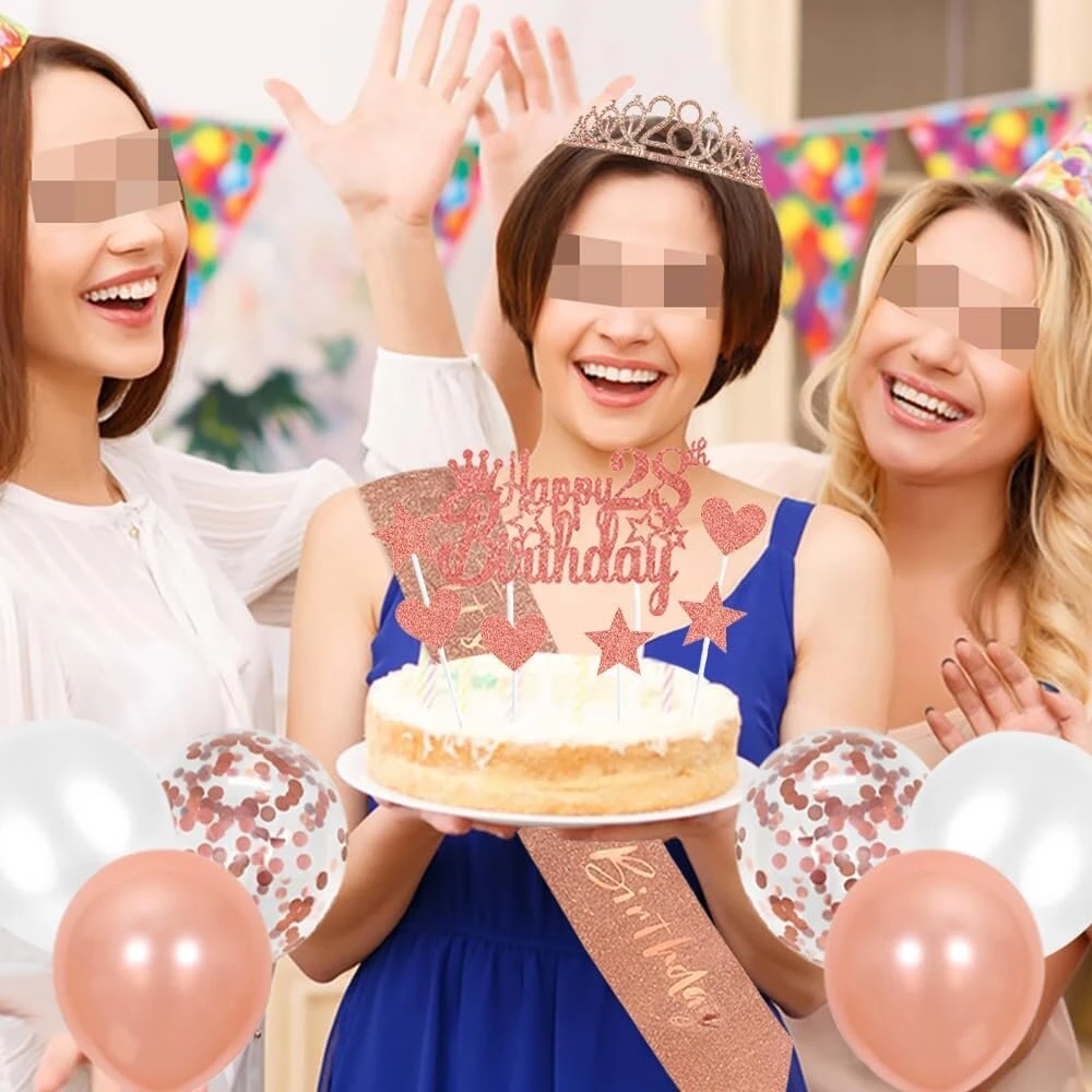 28-ojo gimtadienio dekoracija mergaitėms, gimtadienio karalienės tiara, princesės karūnos, 28-ojo gimtadienio juosta, 28 metų gimtadienio torto dekoracija, skaičių balionų rinkinys, mergaičių gimtadienio vakarėlio dekoras, rožinis auksas