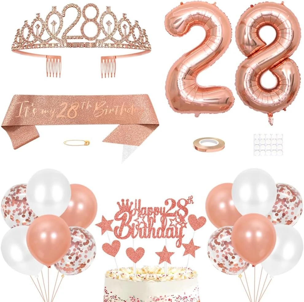 28-ojo gimtadienio dekoracija mergaitėms, gimtadienio karalienės tiara, princesės karūnos, 28-ojo gimtadienio juosta, 28 metų gimtadienio torto dekoracija, skaičių balionų rinkinys, mergaičių gimtadienio vakarėlio dekoras, rožinis auksas