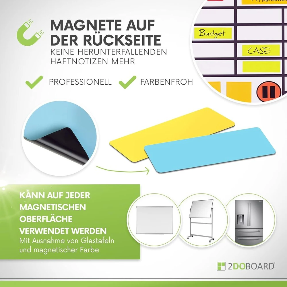 2doboard Magnetinės juostelės, ant kurių galima rašyti – 7,5 cm x 2,5 cm geltonos – 25 vnt. pakuotė – magnetinės lentelės, skirtos rašymui – šaldytuvui, lentai ir juodai lentai – magnetinės etiketės