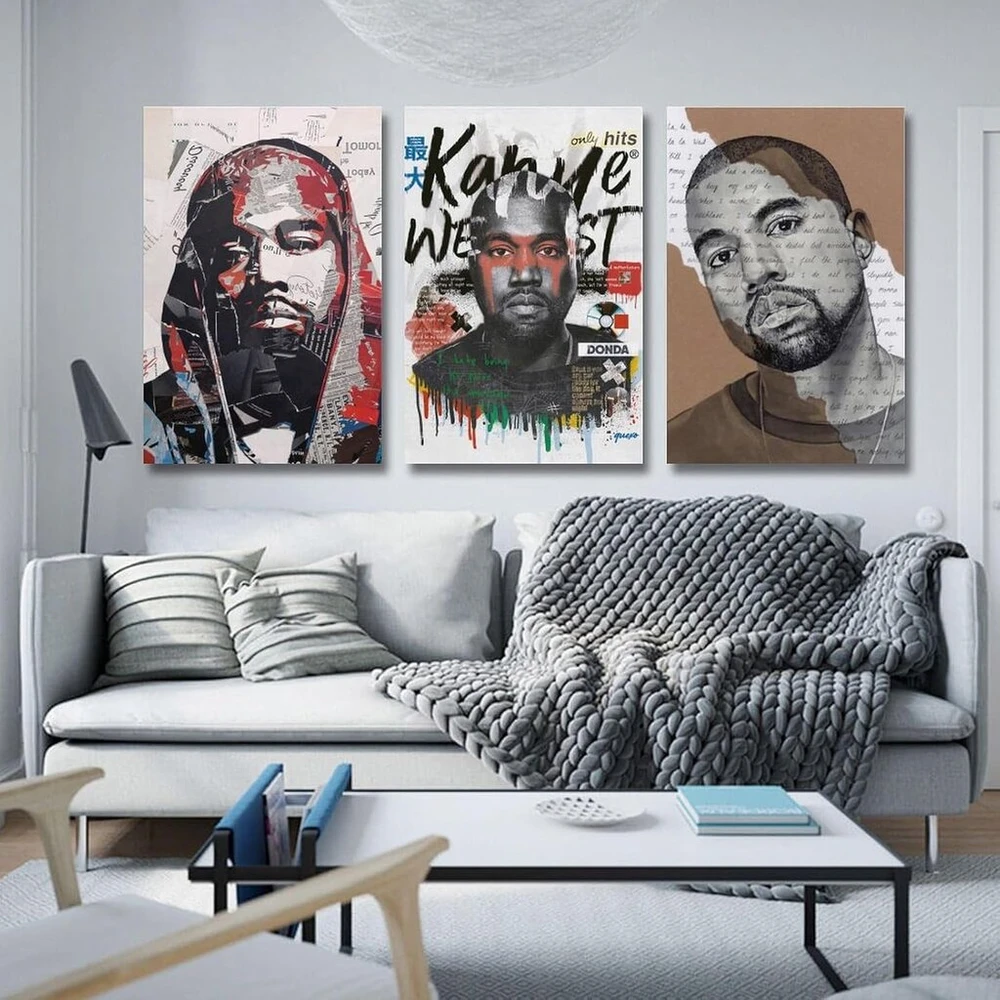 3 dalių Kanye West portreto piešinio plakatas Kanye West portreto piešinio įkvėptas plakatas Kanye West įkvėptas plakatas reperio plakatas sienų meno drobės plakatas kambario dekoratyvinė estetika