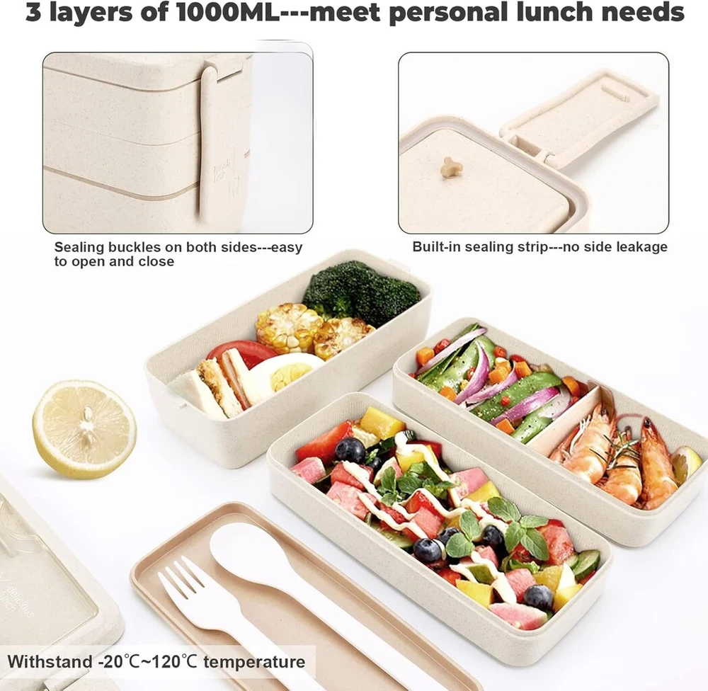 3 sluoksnių priešpiečių dėžutė bento box suaugusiems, 4-in-1 maisto ruošimo dėžutės su šakute ir šaukštu, 1000 ml maisto laikymo dėžutė vyrams moterims studentams, tinkama naudoti mikrobangų krosnelėje ir indaplovėje (smėlio spalvos)