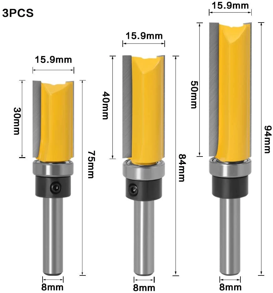 3 vnt. 8 mm veleno frezavimo antgaliai su guoliu