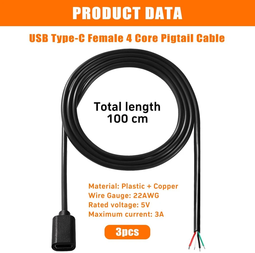 3 vnt. Usb-c jungties laidas su atvirais galais, 100 cm, 5v 3a