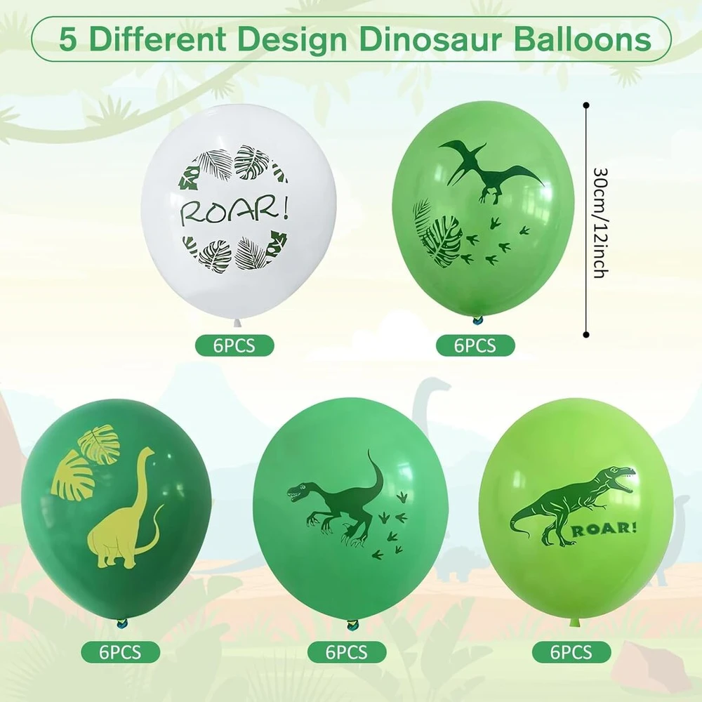 30 dino balionų rinkinys, dinozauro gimtadienio dekoracija, džiunglių dino balionas, juros periodo dino latekso teminiai balionai vaikams (30 cm)