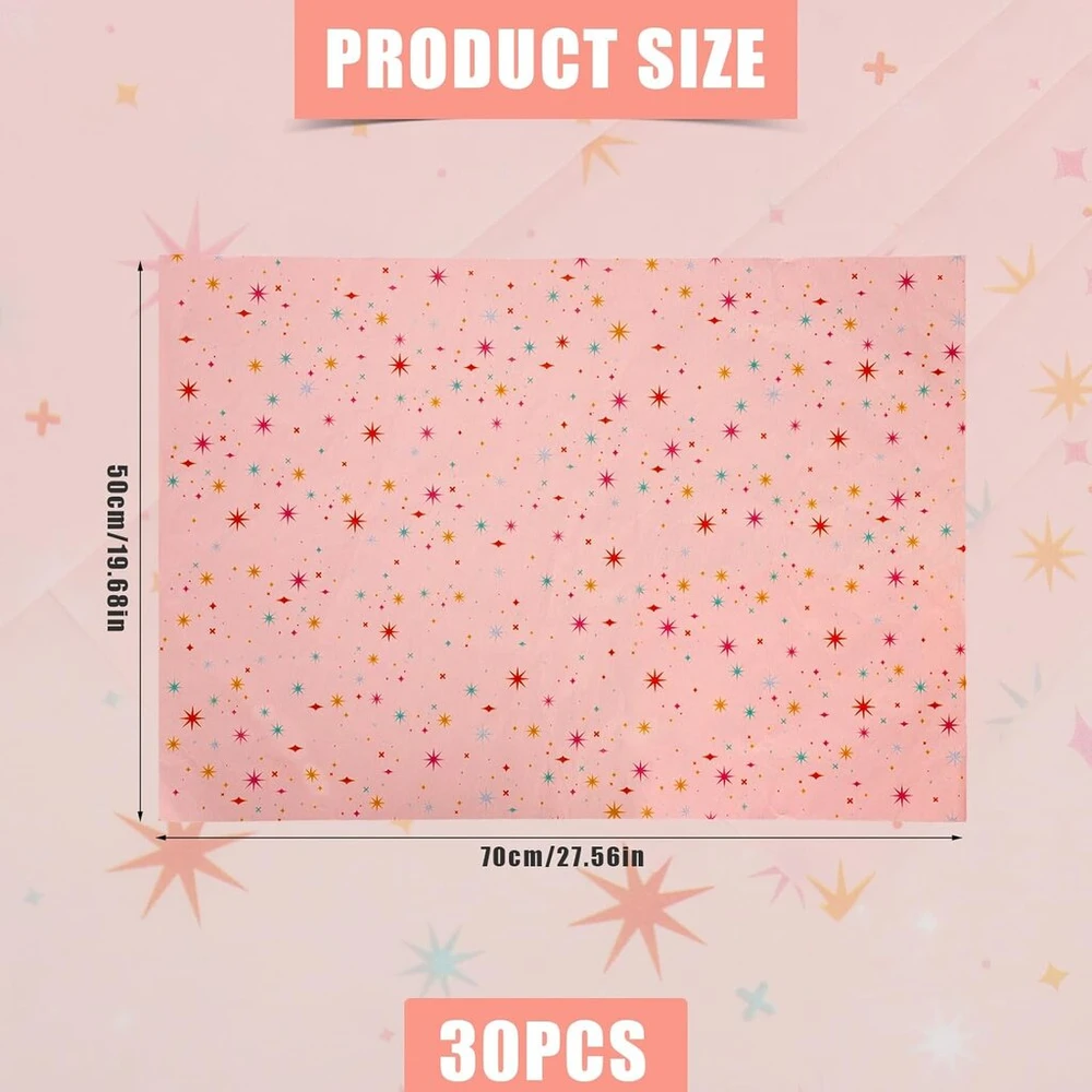30 lapų žvaigždėto popieriaus, 70 x 50 cm, rožinis dovanų pakavimo popierius, spalvingas žvaigždžių raštas, dekoratyviniai pakavimo popieriaus lapai Kalėdoms, vestuvėms, gimtadieniui, vakarėliui, rankdarbiams, pakavimui