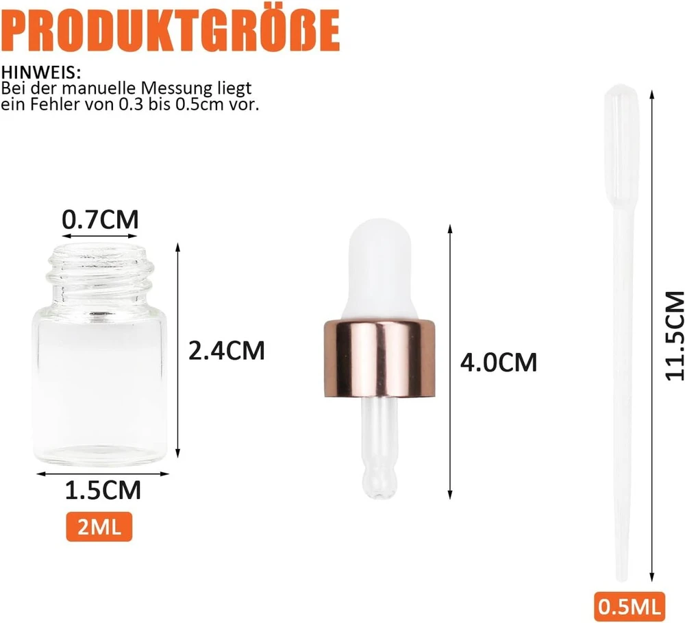 30 vnt. 2 ml stiklo buteliukai su pipete, skaidrūs
