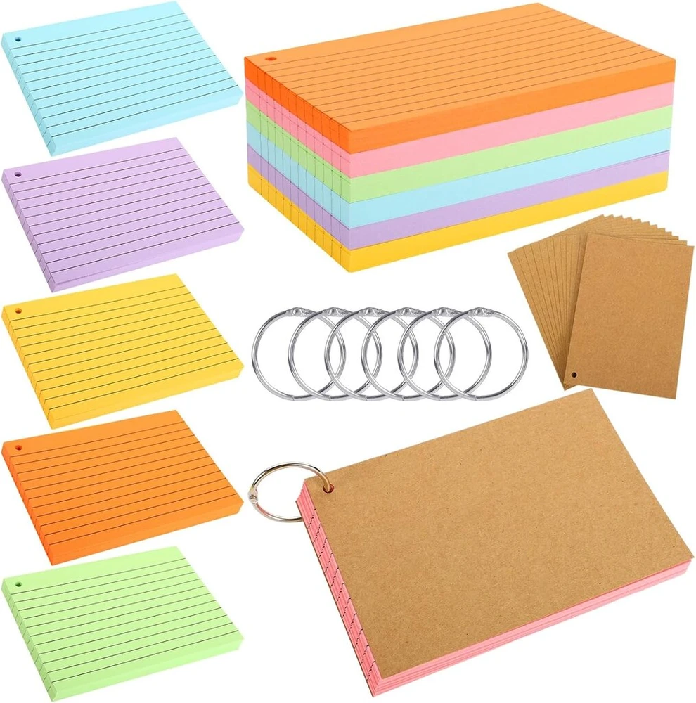 300 A6 formato kortelių rinkinys, 150 g/m² linijuotos kartotekos kortelės, spalvingos atmintinės kortelės su 6 rišimo žiedais, 12 kraft popieriaus kortelių kelionėms, mokyklai, biurui, namams (6 spalvos)