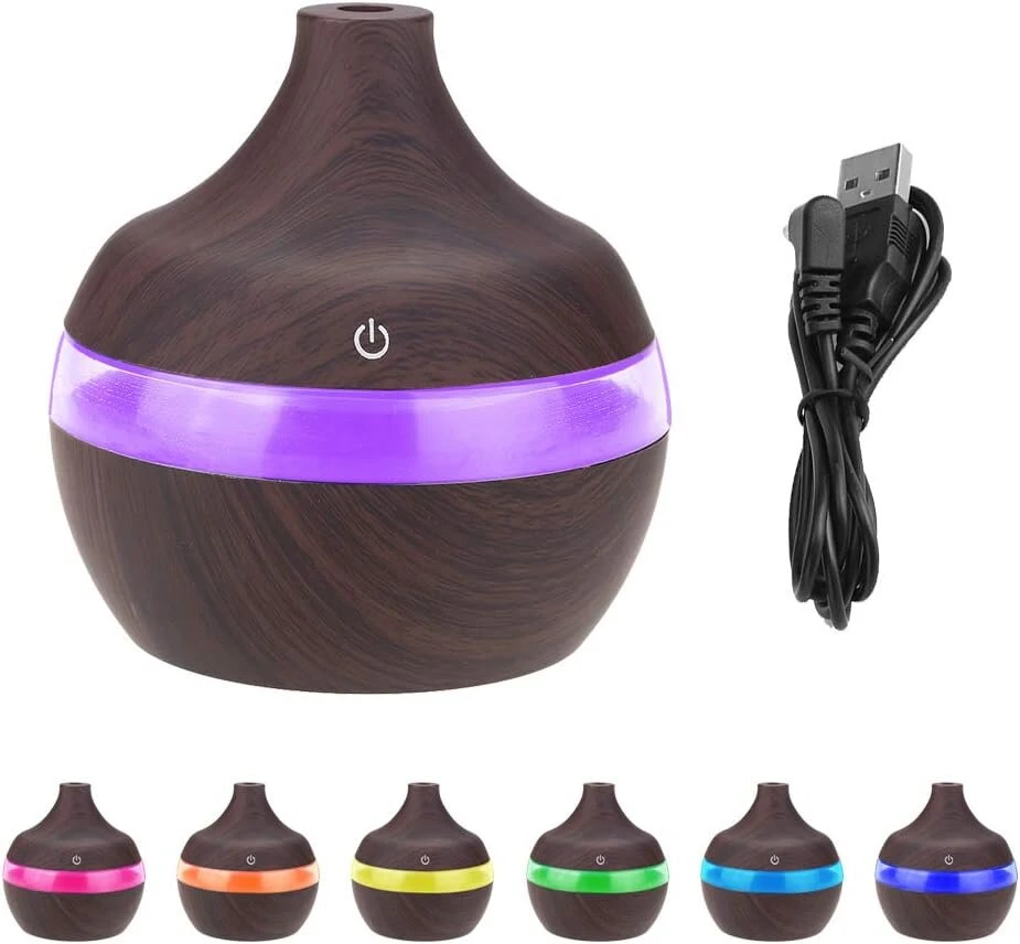 300 ml ultragarsinis drėkintuvas, tamsaus medžio imitacijos, eterinių aliejų vėsios oro dulksnos aromato difuzorius, spalvinga led naktinė lemputė su usb laidu namams, biurui, automobiliui, spa, jogai, kūdikių kambariui