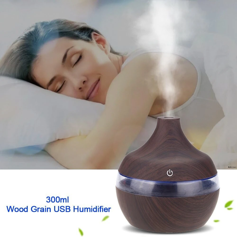 300 ml ultragarsinis drėkintuvas, tamsaus medžio imitacijos, eterinių aliejų vėsios oro dulksnos aromato difuzorius, spalvinga led naktinė lemputė su usb laidu namams, biurui, automobiliui, spa, jogai, kūdikių kambariui