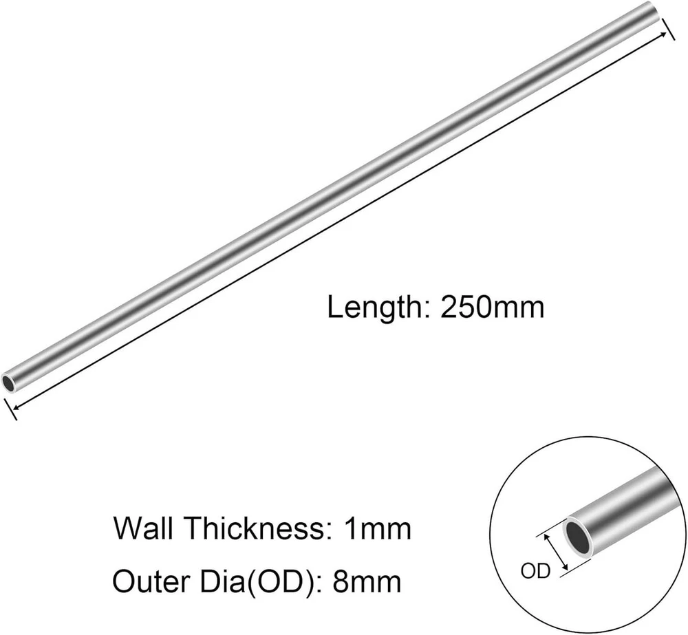 Ventiliatorius 304 nerūdijančio plieno vamzdžiai 8mm išorinis skersmuo x 1mm sienelės storis 250mm ilgio besiūliai nerūdijančio plieno pramoniniai tiesūs apvalūs vamzdžiai (3 vnt. pakuotė)