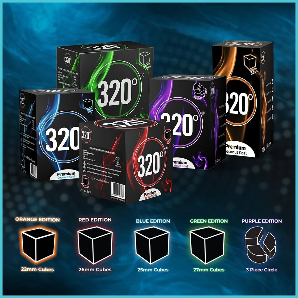 320° Premium kokoso natūralios anglys (25 mm kubeliai) kaljanui ir Bbq - 1kg [shisha anglis]