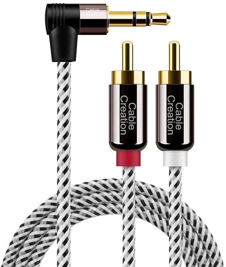 3.5mm į 2 Rca kampinis audio kabelis, 1m, paauksuotas