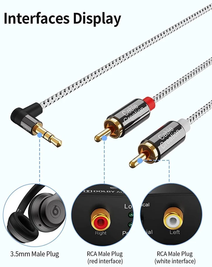 3.5mm į 2 Rca kampinis audio kabelis, 1m, paauksuotas