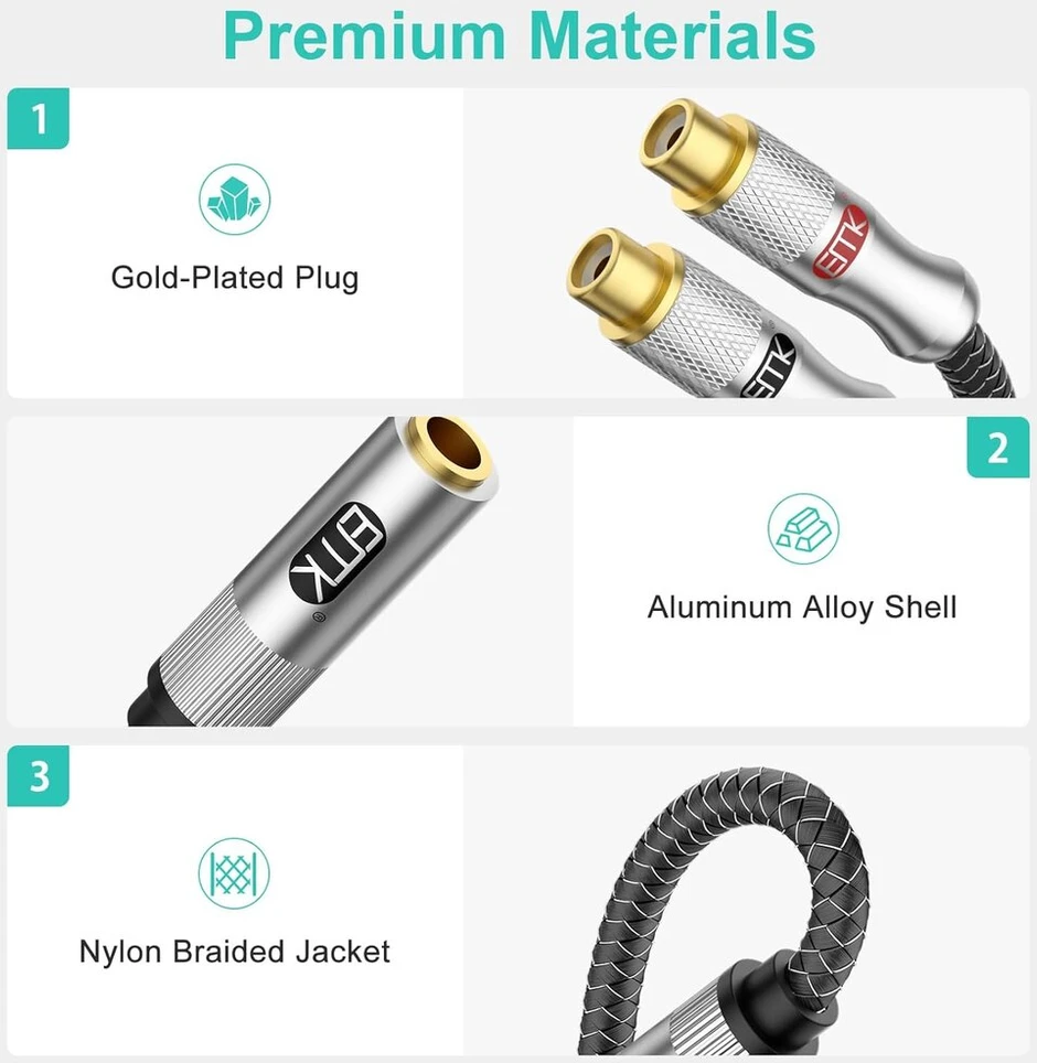 3.5mm į 2 Rca Moteriškas Adapteris, Paauksuotas Garso Kabelis
