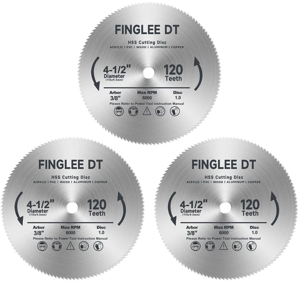 4-1/2 colio 115 mm Hss diskinis pjūklo diskas su 9,5 mm 3/8 colio įvore, 120 dantų greitapjovio plieno pjovimo diskas skirtas medžiui, plastikui, akrilui, plienui, metalui, daugiau dantų smulkesniam pjovimui (3, 115 mm 120t