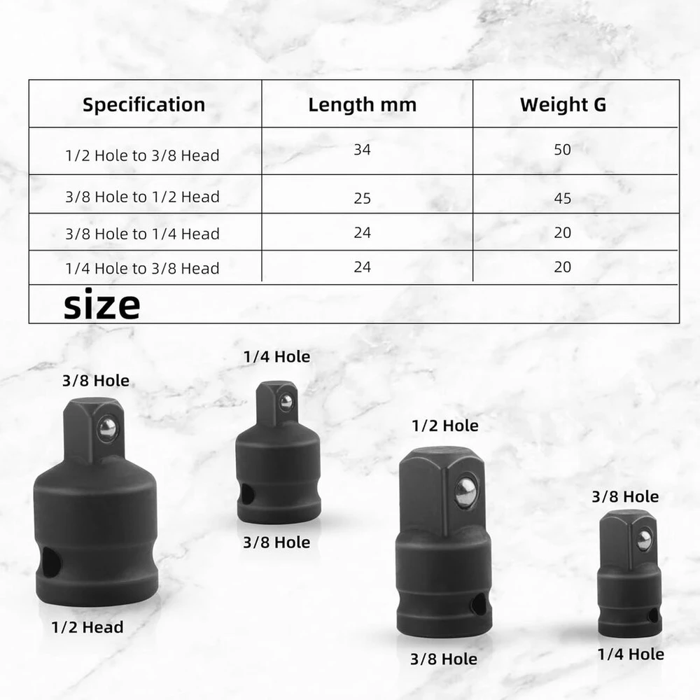 4 dalių adapterių rinkinys: 3/8 į 1/2, 1/2 į 3/8, 1/4 į 3/8 colio, 3/8 į 1/4 adapteris įvairių dydžių galvutėms arba veržliarakčiams, juodas