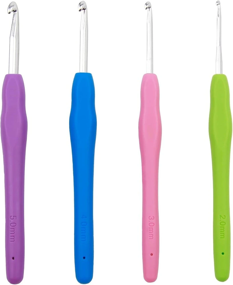 4 dalių nėrimo vąšelių rinkinys, ergonomiškas metalinis nėrimo vąšelis su spalvinga silikonine rankena, 14 cm, ypač ilgi nėrimo vąšeliai 4 dydžių (2 mm, 3 mm, 4 mm, 5 mm) mezgimo virbalai pradedantiesiems