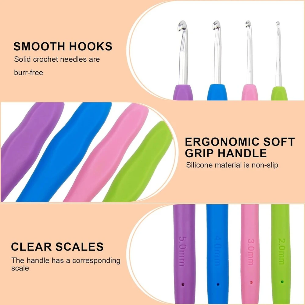 4 dalių nėrimo vąšelių rinkinys, ergonomiškas metalinis nėrimo vąšelis su spalvinga silikonine rankena, 14 cm, ypač ilgi nėrimo vąšeliai 4 dydžių (2 mm, 3 mm, 4 mm, 5 mm) mezgimo virbalai pradedantiesiems