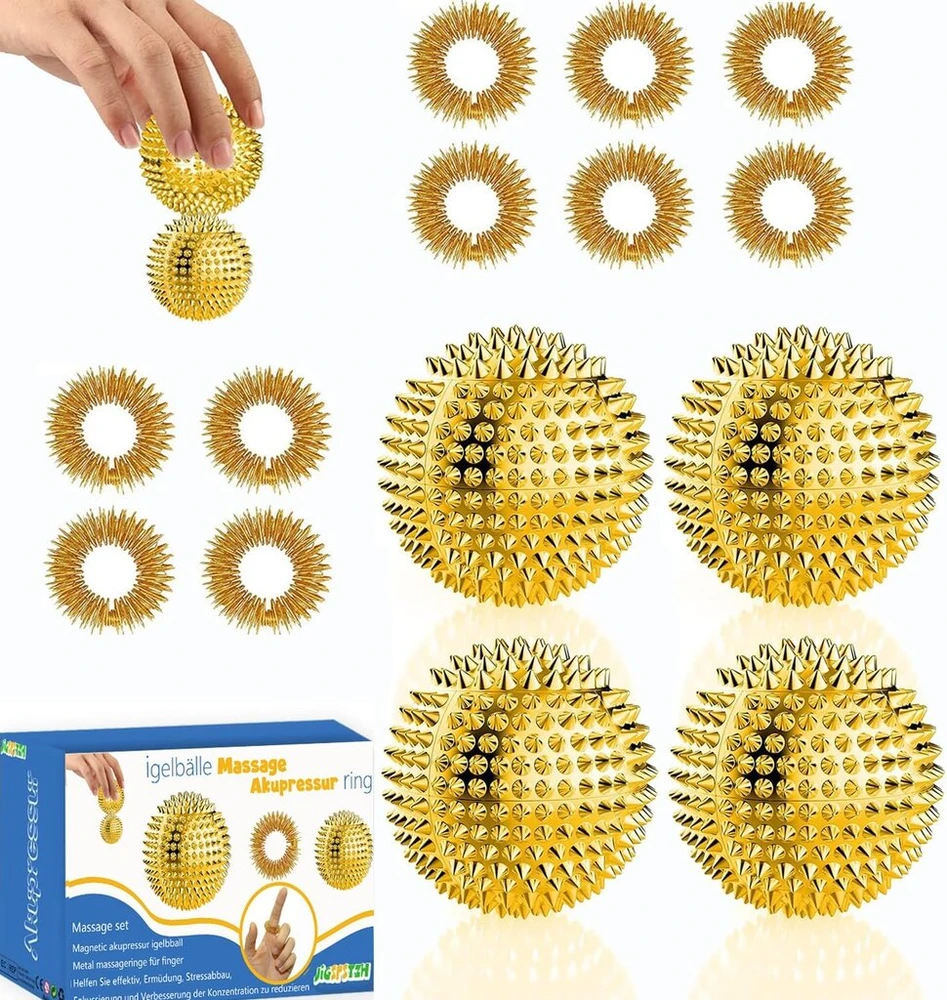 4 ežiuko kamuoliukai kieti + 10 akupresūrinių žiedų - skills borderline rinkinys su skill ball metal skill ring - akupresūrinis kamuoliukas ežiuko kamuoliukai maži 3 cm akupresūrinis žiedas skills rinkinys stresui suaugusiųjų masažas