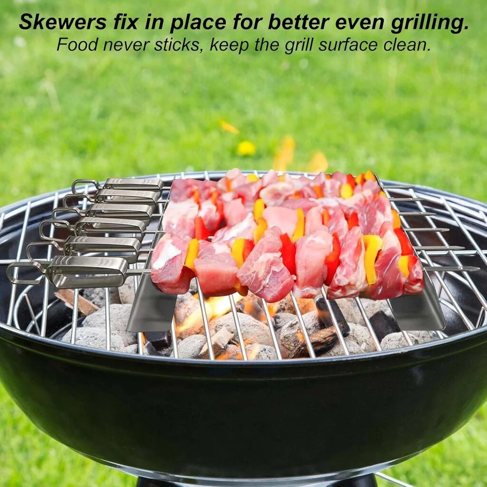 4 grilio iešmų rinkinys, skirtas 6 iešmams, nerūdijančio plieno iešmų laikiklis, bbq iešmai, nerūdijančio plieno iešmai šašlykų iešmų rinkinys, 30 x 4,5 x 3 cm, grilio iešmų stovas, skirtas laukui