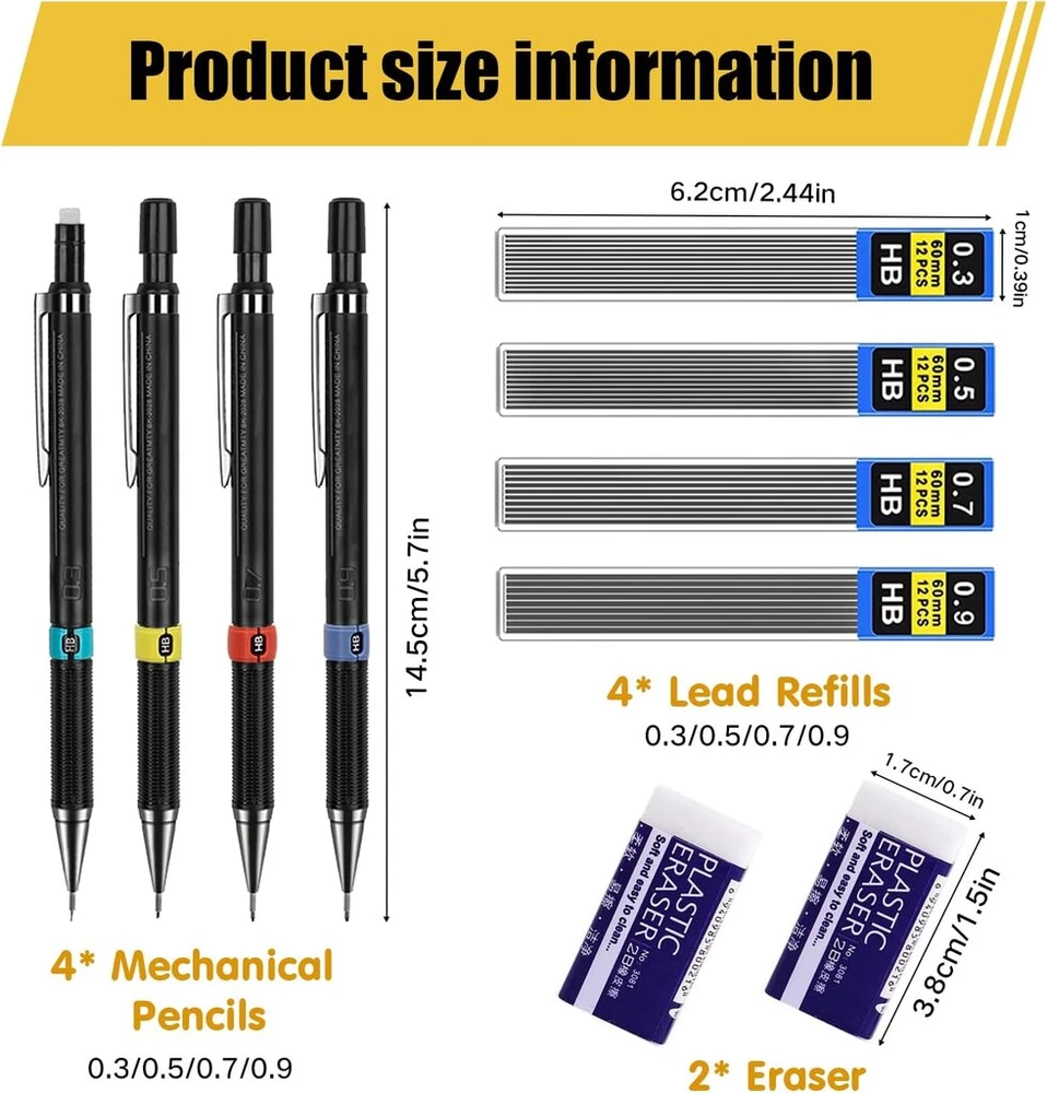 4 Mechaniniai Pieštukai 0.3-0.9mm su Papildymais ir Trintukais