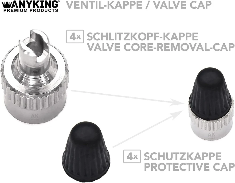 4 Metaliniai Vožtuvų Dangteliai + 2 Schrader Vožtuvai ir Montavimo Įrankis