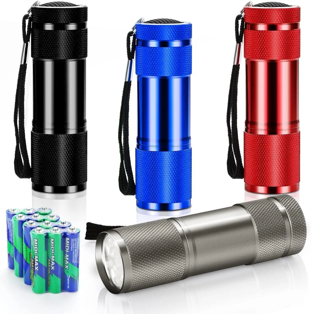 4 mini led žibintuvėlių rinkinys vaikams su 9 led, aliumininis mažas spalvotas nešiojamas žibintuvėlis su virvele ir 12 baterijų vaikams, stovyklavimui, avarinėms situacijoms