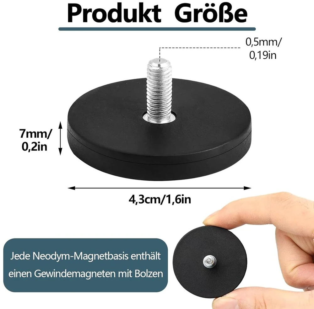 4 neodimio magnetų rinkinys, skersmuo 43 mm su m6 išoriniu sriegiu, magnetai su sriegiu, su gumine danga, neslystantys, skirti varžtams, kilpai ar kabliui
