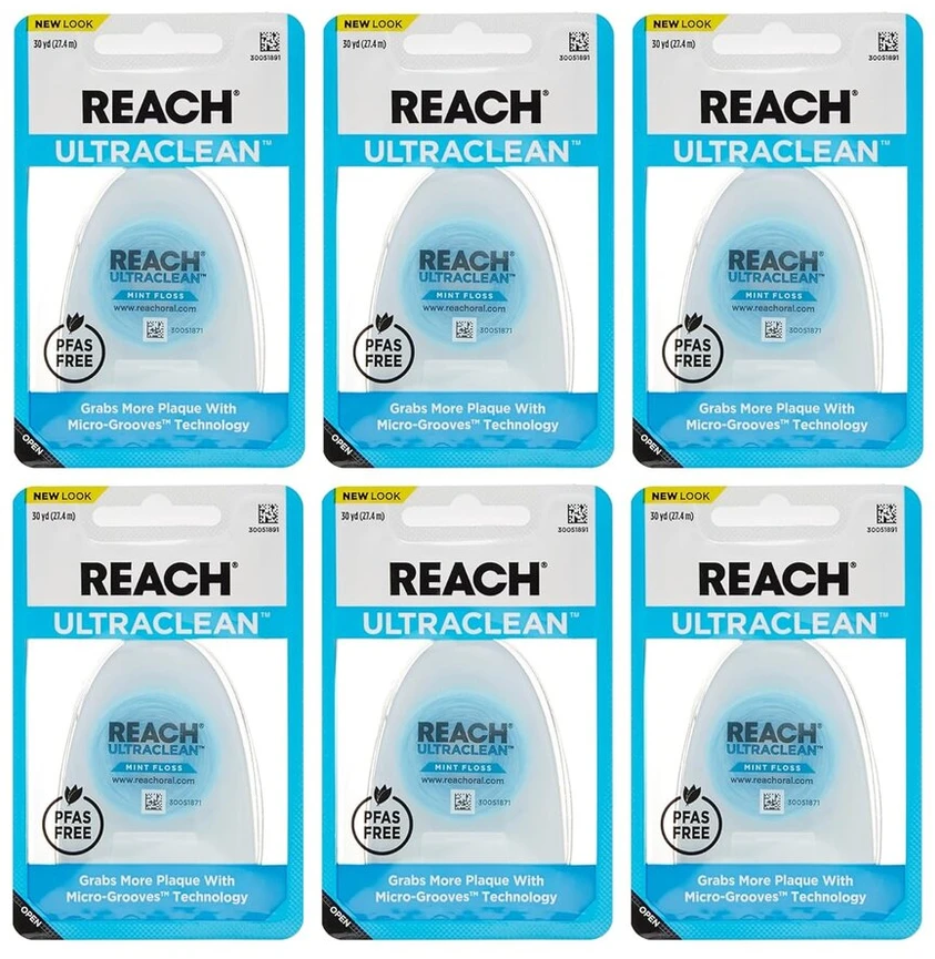 Dantų šepetėlis (4 pakuotės) Reach Ultra Clean Floss Mint dantų siūlas – 30 jardų, gamintojas Listerine