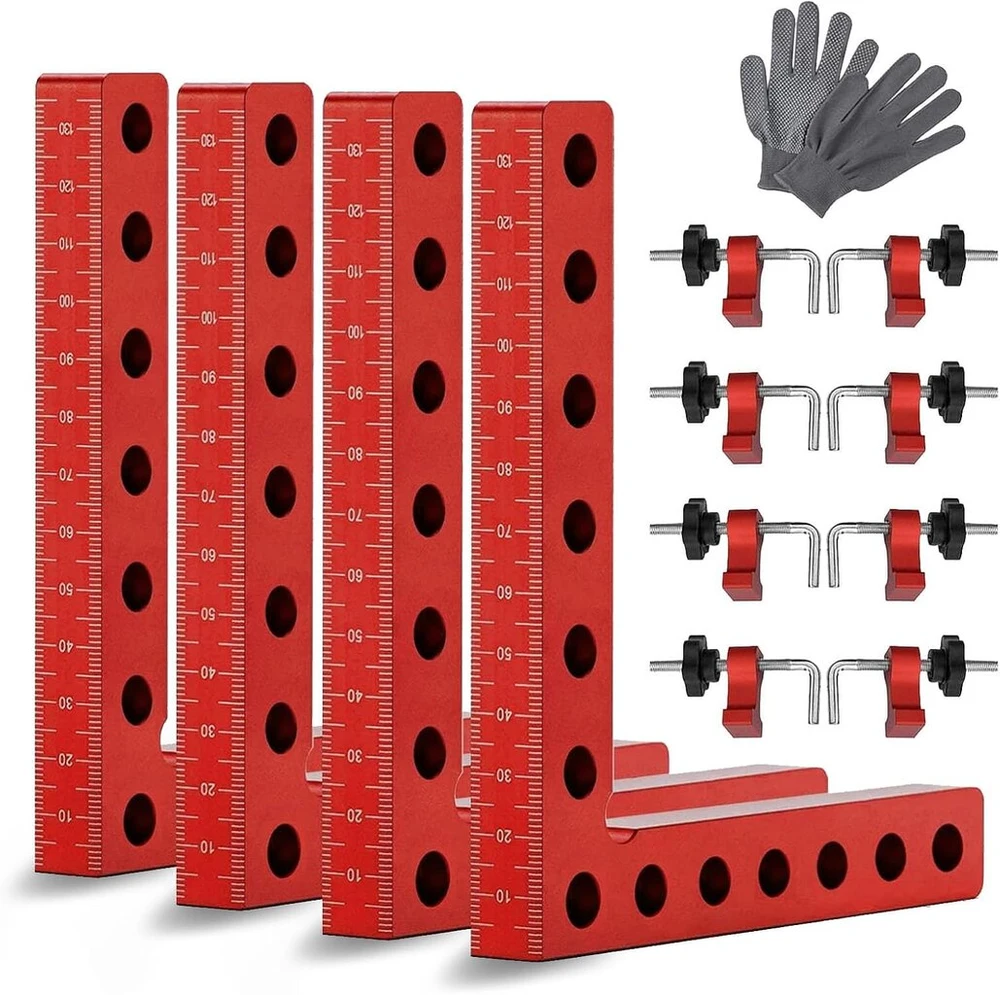 4 rinkiniai 90 laipsnių pozicionavimo kampų, kampinis spaustuvas 14 cm/5,5 colio stačiu kampu, kampinis spaustuvas, kampinis įtempiklis su 4 poromis tvirtinimo spaustukų medienos apdirbimo "pasidaryk pats" amatams