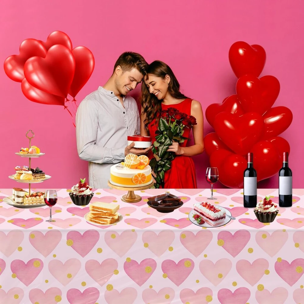 4 staltiesių rinkinys Valentino dienai, raudona Valentino dienos staltiesė su širdelėmis, spalvotos Valentino dienos staltiesės su širdelėmis, neperšlampamos, vestuvių dekoracijoms, Valentino dienos reikmenys, 51
