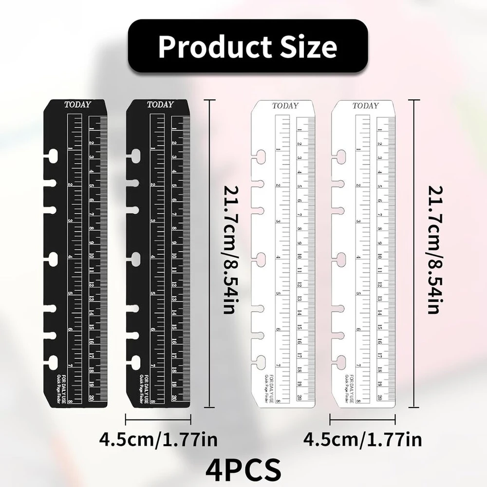 4 vnt. Žymeklio liniuotė, A5 puslapio žymeklio liniuotė, aplankas, plastikinis puslapio žymeklis, liniuotė su skale 15 cm, puslapio ieškiklio liniuotė A5 formatui, 6 skylių segtuvo bloknotas, „pasidaryk pats“ palaidų lapų bloknotas, standartinis