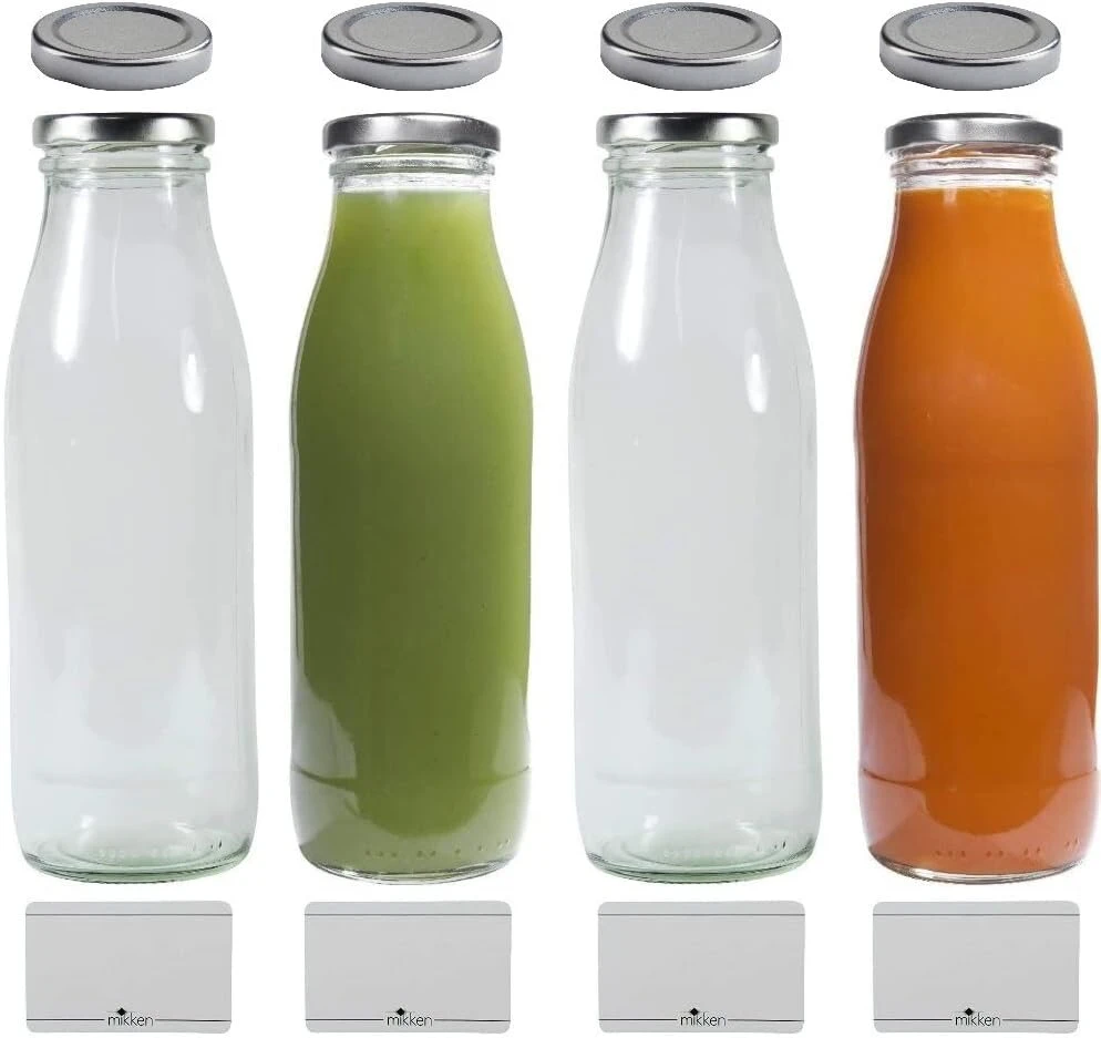 4 x 500ml stikliniai buteliai su 8 dangteliais ir etiketėmis