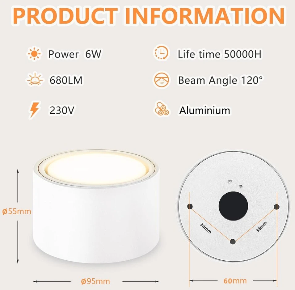 Lubinis šviestuvas 4 x Led Lubiniai Šviestuvai Balti 95x55mm, 6w, 680lm, 3000k