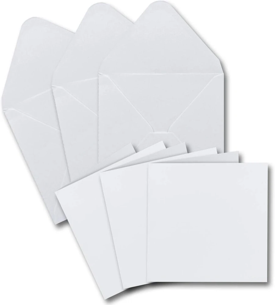 40 baltų kvadratinių lankstomų atvirukų rinkinys, 13,5 x 13,5 cm, 240 g/m², su kvadratiniais vokais, 14 x 14 cm, 90 g/m², drėgnai klijuojami