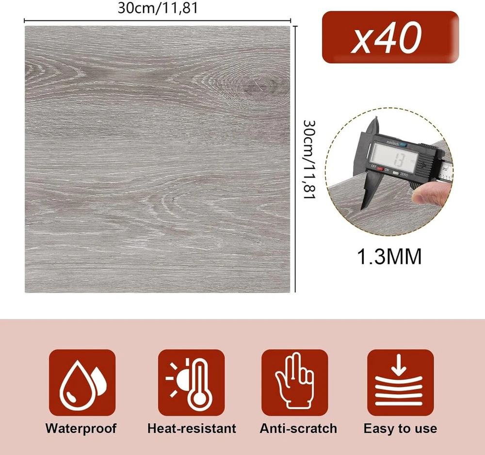 40 vnt. lipnių Pvc grindų plytelių, 30x30 cm, 3.6 m², pilkos