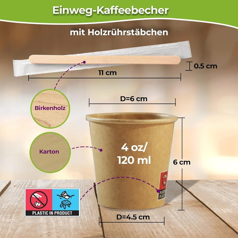 400 vienkartinių kraft popierinių kartoninių kavos puodelių 110 ml / 4 oz puodeliai trumpai kavai, lungo, espresso ir daugiau su atskirai popieriuje įvyniotais mediniais maišikliais