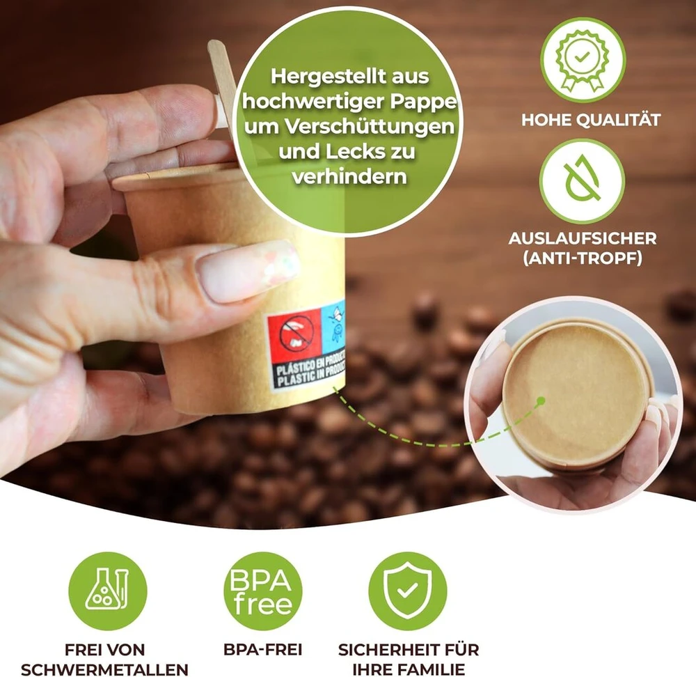 400 vienkartinių kraft popierinių kartoninių kavos puodelių 110 ml / 4 oz puodeliai trumpai kavai, lungo, espresso ir daugiau su atskirai popieriuje įvyniotais mediniais maišikliais