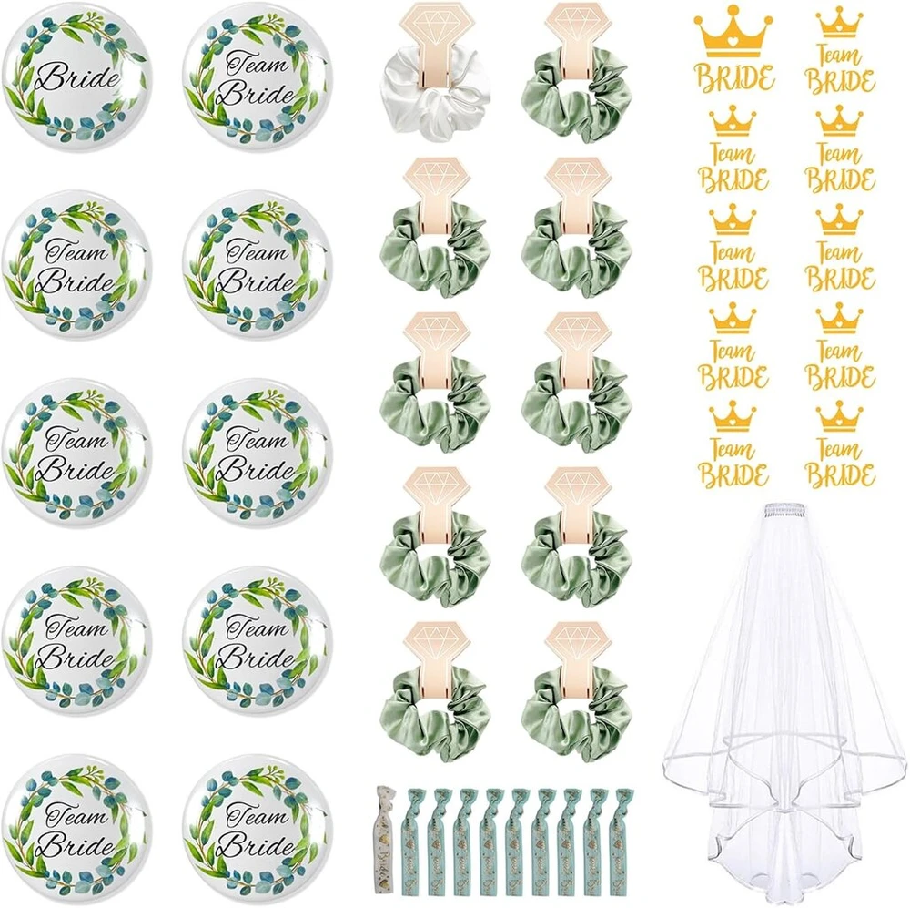 41 x Jga vakarėlio aksesuarai, Team Bride Jga su 10 nuotakos plaukų gumyčių + 10 nuotakos ženklelių + 10 nuotakos tatuiruočių lipdukų + 10 nuotakos apyrankių + 1 nuometas, mergvakario aksesuarai