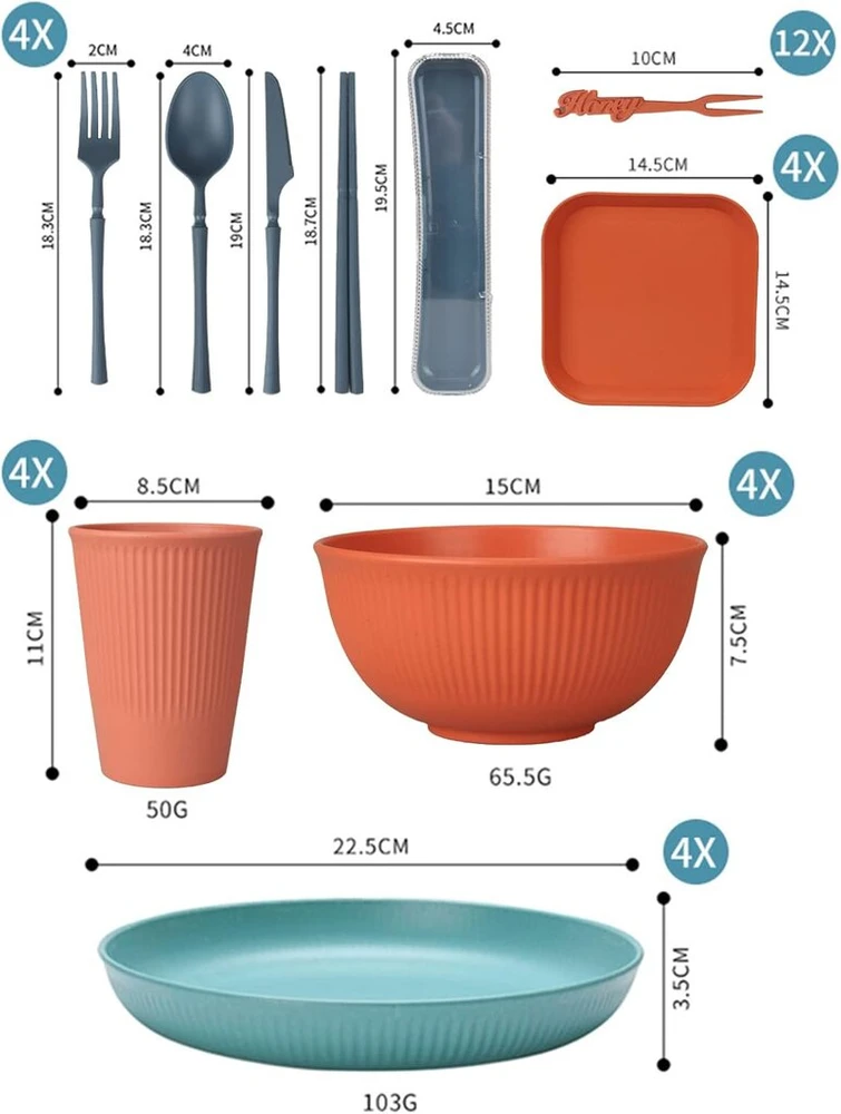48 dalių nedūžtantis indų rinkinys, daugkartinio naudojimo stovyklavimui 4 asmenims, plastikiniai indai, piknikui, lengvas, spalvingas grilis, plastikinės serviravimo lėkštės, dubenys, stalo įrankiai