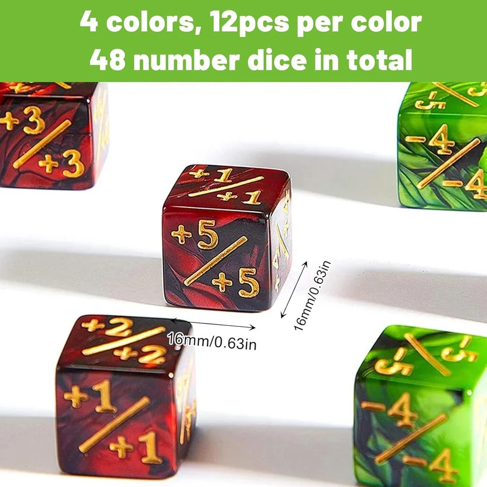 48 mtg cube skaitiklių rinkinys magic the gathering d6 kauliukų skaitiklio žetonas magic cube lojalumas suderinamas su mtg ccg kortų žaidimo priedais su laikymo krepšiais (žalia, raudona, balta, juoda)