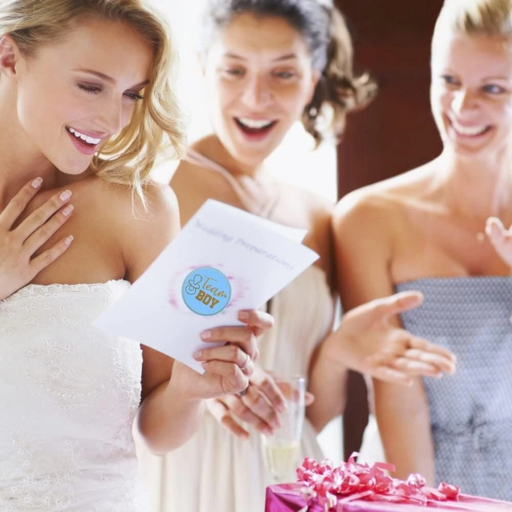 48 vienetų lyties atskleidimo lipdukų rinkinys, apvalūs lyties atskleidimo lipdukai „team Boy“ ir „team Girl“ kūdikių sutiktuvių dekoracijoms, vakarėlių reikmenys