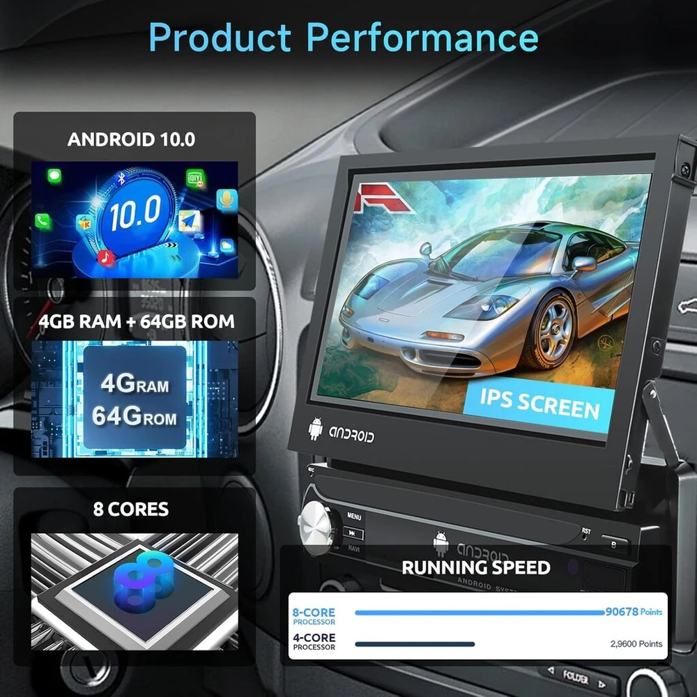 Automagnetola 4gb+64gb automobilinis radijas 1 Din 8 branduolių Android su belaidžiu Carplay, Android Auto, Mirrorlink, 17.7 cm/7 colių Ips jutikliniu ekranu su Gps Nav, Bluetooth, Wifi & 4g Hifi Am/fm/rds radijo Dsp/eq atbulinės eigos kamera