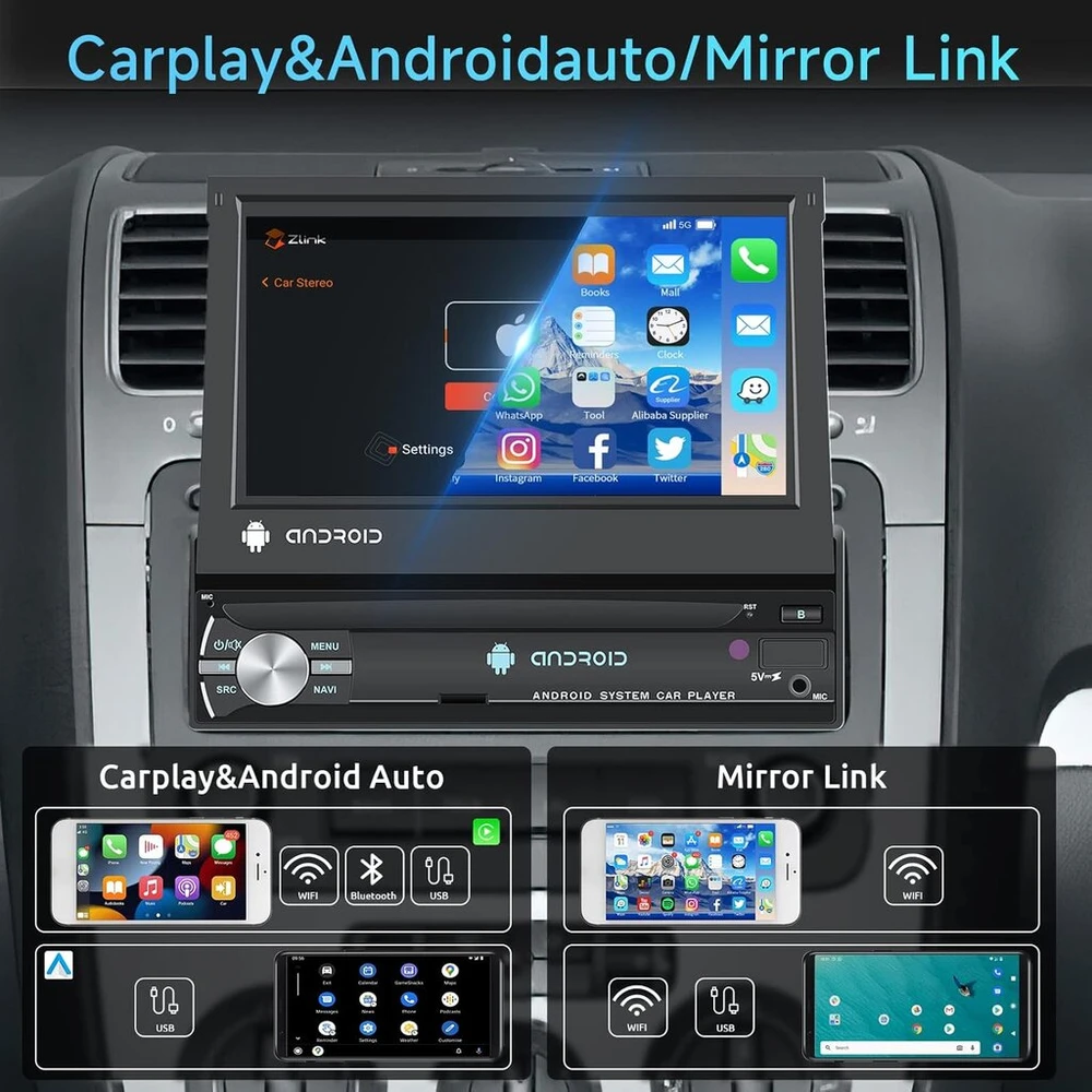 Automagnetola 4gb+64gb automobilinis radijas 1 Din 8 branduolių Android su belaidžiu Carplay, Android Auto, Mirrorlink, 17.7 cm/7 colių Ips jutikliniu ekranu su Gps Nav, Bluetooth, Wifi & 4g Hifi Am/fm/rds radijo Dsp/eq atbulinės eigos kamera