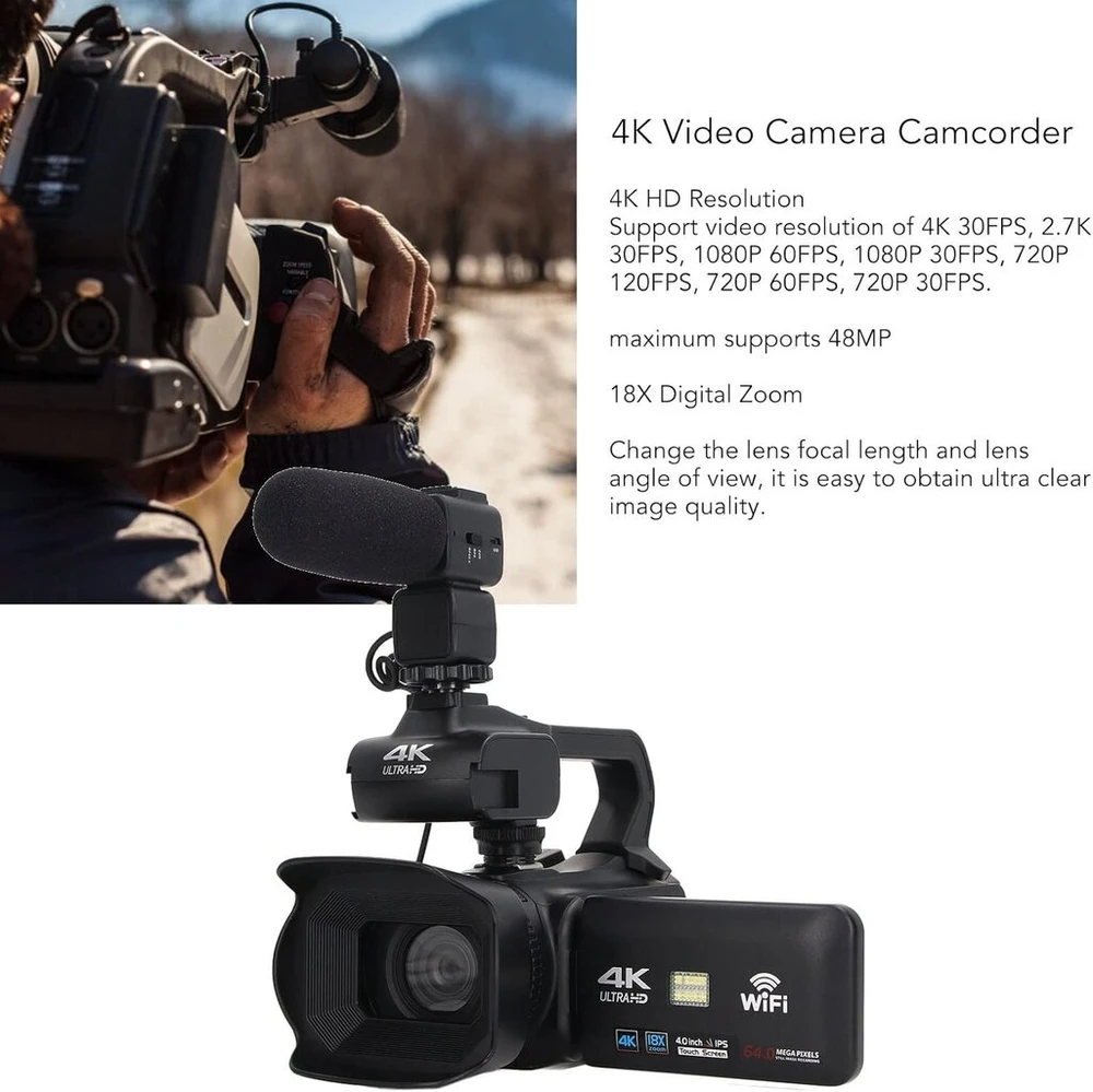 4k Ultra Hd vaizdo kamera, 18x skaitmeninis priartinimas, 3.0 colių Ips jutiklinis ekranas, Wifi 2.4g vlogų vaizdo įrašymo įrenginys su mikrofonu, rankiniu stabilizatoriumi ir nuotolinio valdymo pulteliu